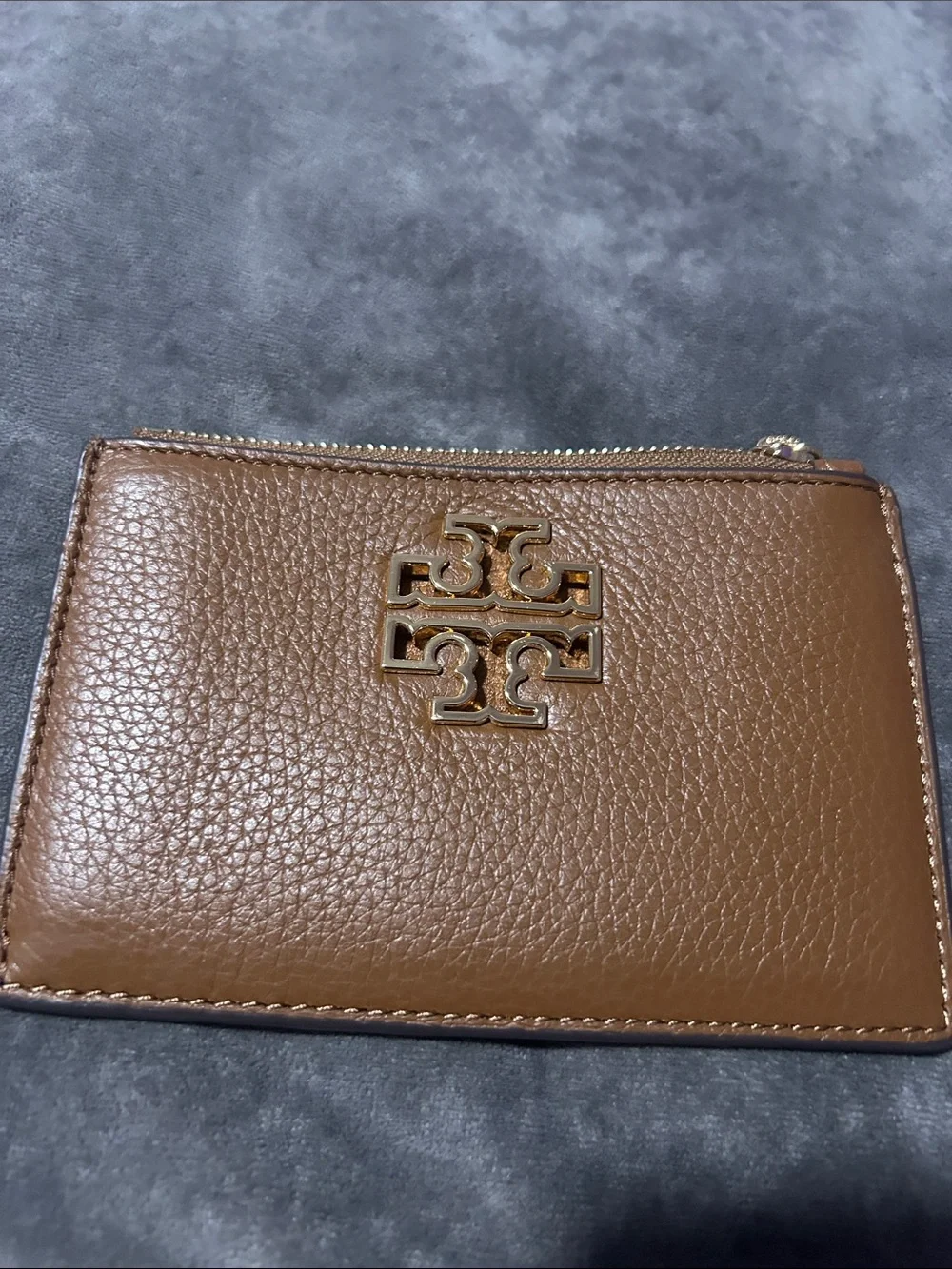 Tory Burch Cognac Pebbled Leather Zip Card Case with Gold Logo